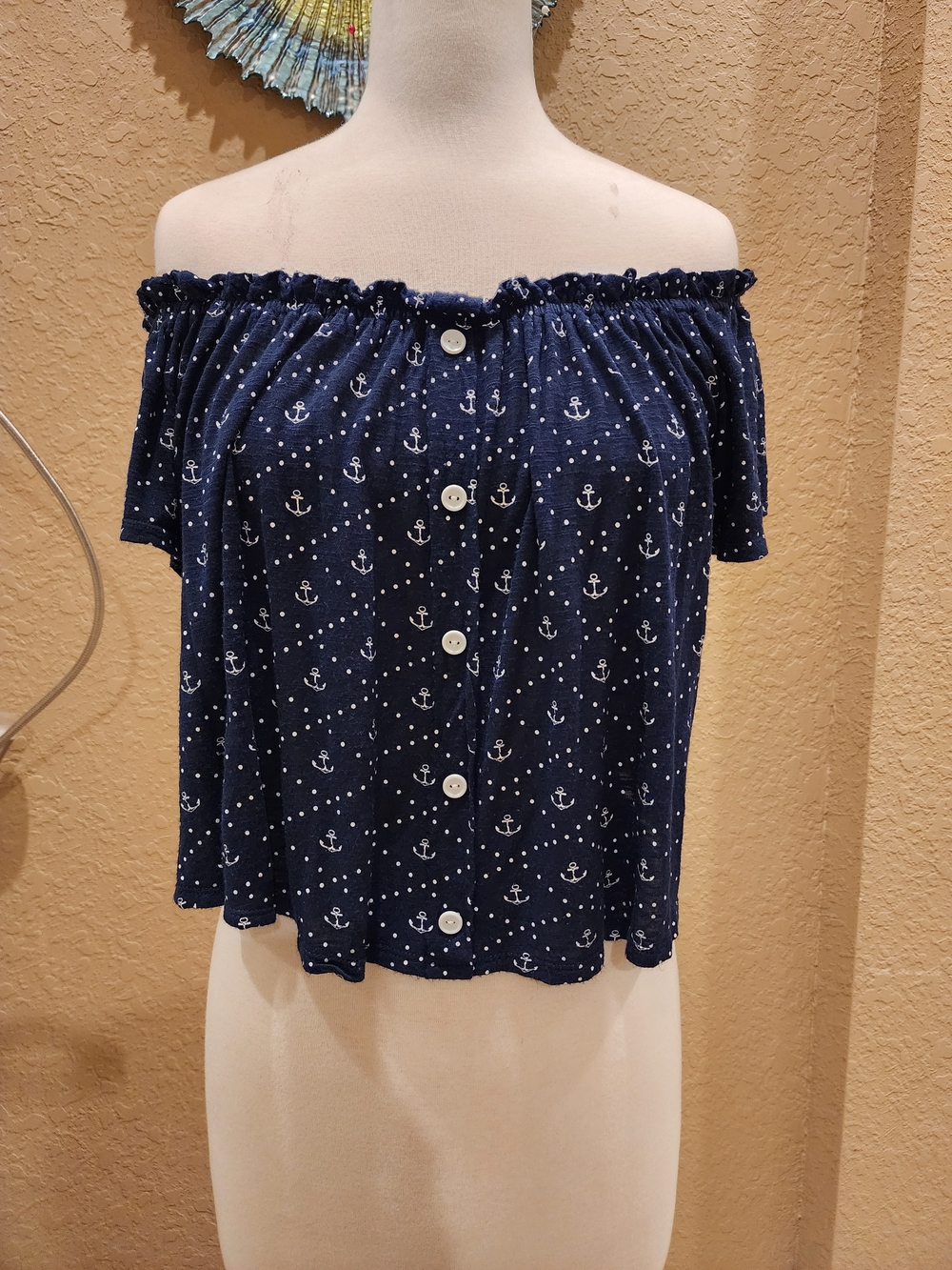 Navy Off-Shoulder Anchor Print Crop Top